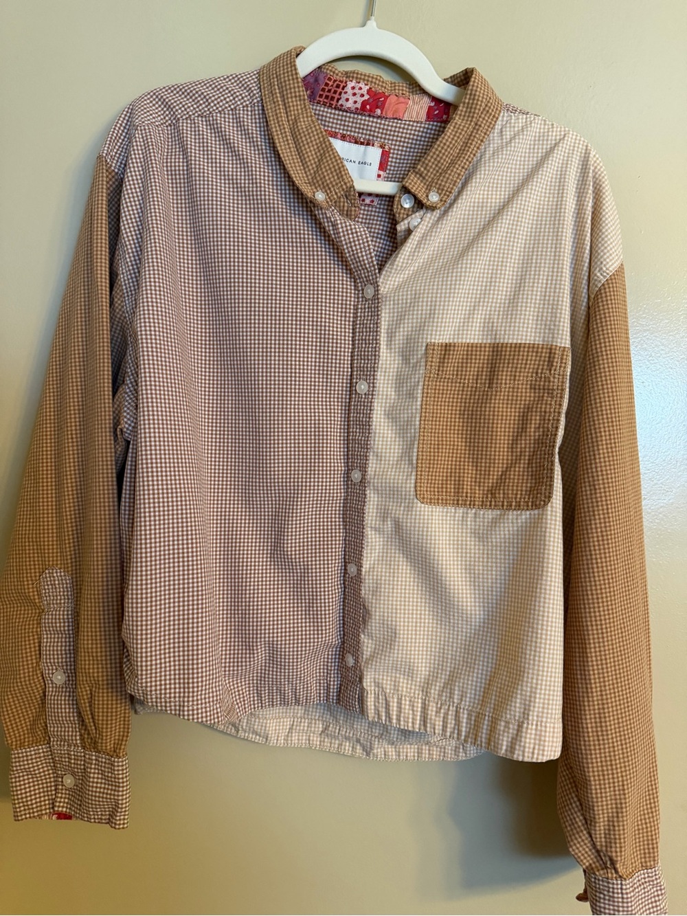American Eagle Outfitters Pink and Tan Patchwork Button-Up